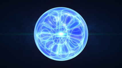 Radiant electric orb with bright plasma filaments and a pink energy burst at its core