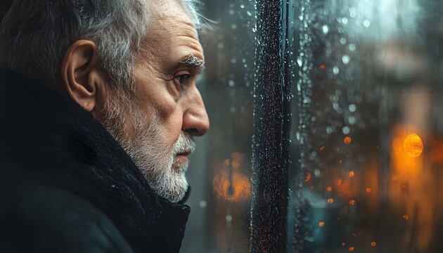 Close-up profile of a pensive senior man looking out a window on a rainy day. - Powered by Adobe