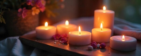 Aromatherapy candles burning brightly, creating a peaceful and calming atmosphere Perfect for relaxation, meditation, and self-care routines Enhance your wellness imagery , candle, harmony