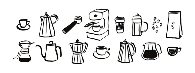 Coffee set in hand drawn doodle style. Retro whimsical symbols for cafeteria menu and business breakfast invitation. Trendy and cute art for social media. La dolce vita vector illustration