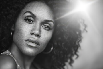 Captivating portrait of a confident woman with natural curls exuding strength and vulnerability against a luminous background showcasing intricate textures of layered fabric and artistic