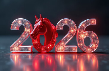 Banner with shiny diamond silver numbers 2026 with glass red horse head