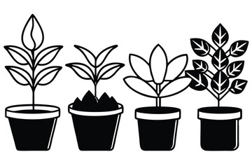 Fototapeta premium Silhouette pictogram icons of various plants in pots showcasing unique designs and growth stages .