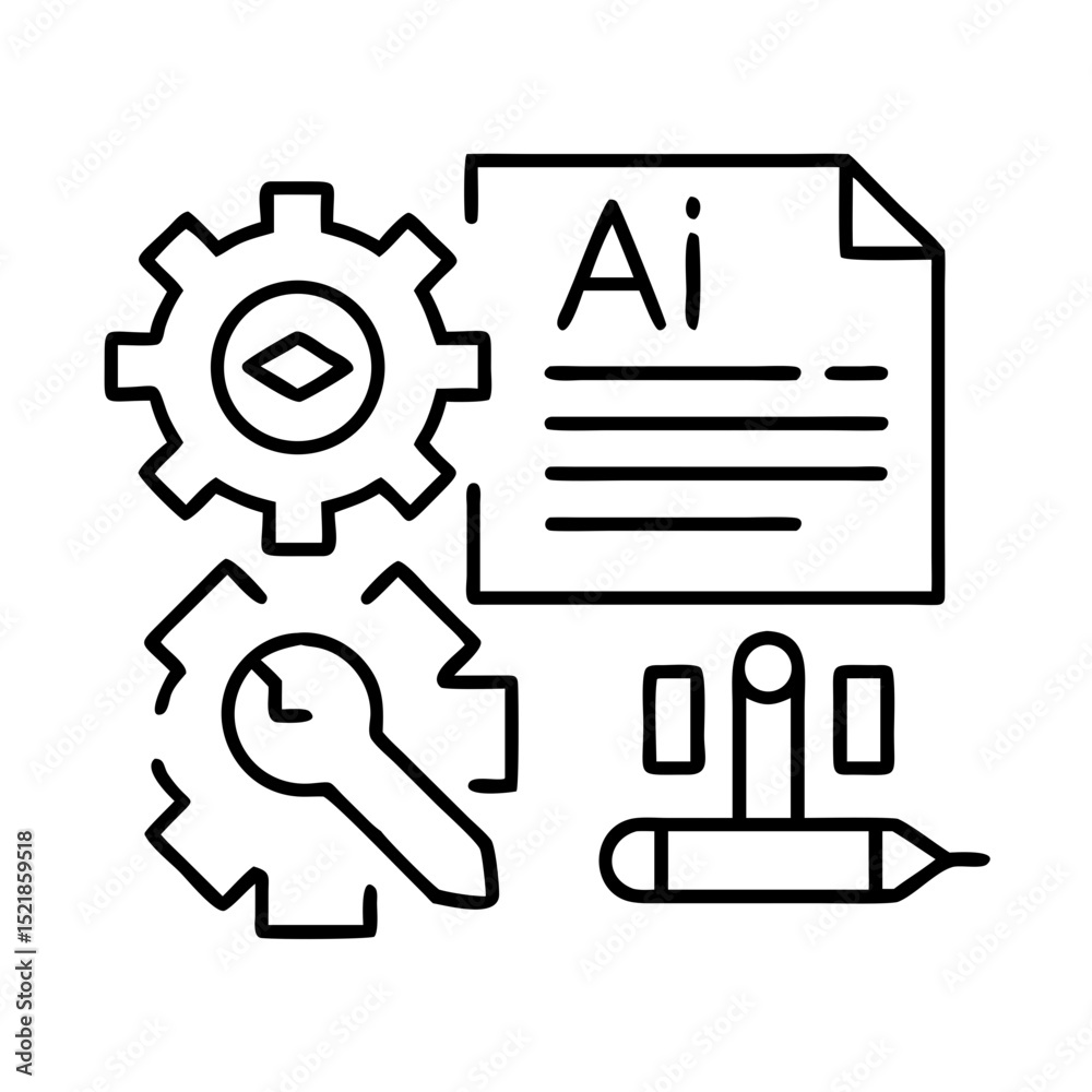 Poster ai machine learning artificial intelligence development process with gears and wrench vector design 