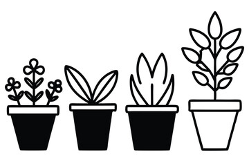 Silhouette pictogram icons of various plants in pots showcasing unique designs and growth stages .