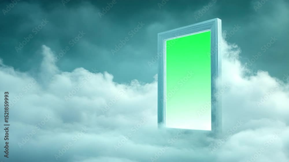 Poster Gateway to Imagination: A surreal, vibrant digital rendering depicting a glowing frame suspended in the sky, against a backdrop of fluffy clouds.