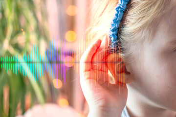 Close-up detail young children's ear, poor hearing, Ear Discomfort, sound wave, Hearing Test,...