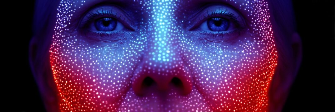 50 year old female after mid facelift with a stipple engraving overlay showing glowing depiction of lifted malar fat pad