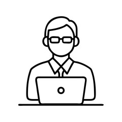 Man working on laptop vector illustration, office worker, programmer, developer, designer icon line art