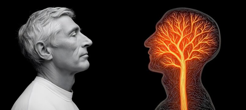 50 year old male after decompressive craniectomy with a filigree etching overlay illustrating glowing depiction of reduced intracranial pressure zone