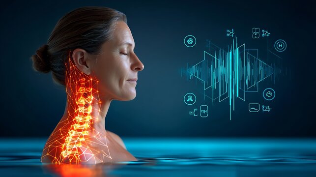 52 year old female recovering from back pain in a flotation tank with a glitch art overlay illustrating a glowing depiction of spinal decompression along the vertebrae