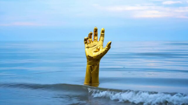 Golden hand sculpture rising from sea water, surreal conceptual art scene with ocean waves