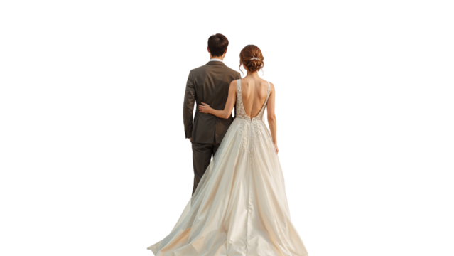 Romantic Watercolor Wedding Couple Portrait from Behind

