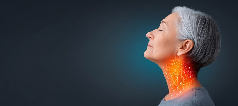 54 year old female after submental liposuction with a vector flat medical diagram highlighting glowing depiction of neck fat removal