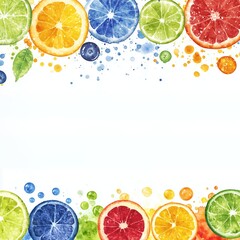 Colorful watercolor citrus fruit border frame with splashes on white background.