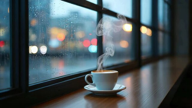 Steaming cup of coffee on wooden windowsill with raindrops on glass and city lights in background for cozy rainy day mood