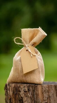 Small burlap sack with blank tag tied with string on tree stump outdoors for eco packaging, natural gift or rustic decoration