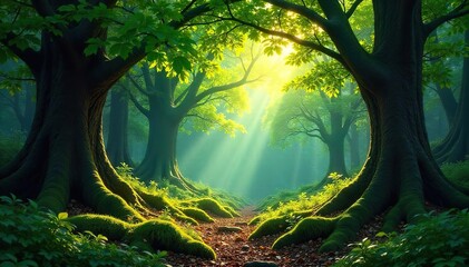 Sunlight dapples through the leaves of a lush, vibrant forest, illuminating the mossy forest floor and ancient trees A sense of peace and tranquility pervades the scene , ecosystem, woodland path