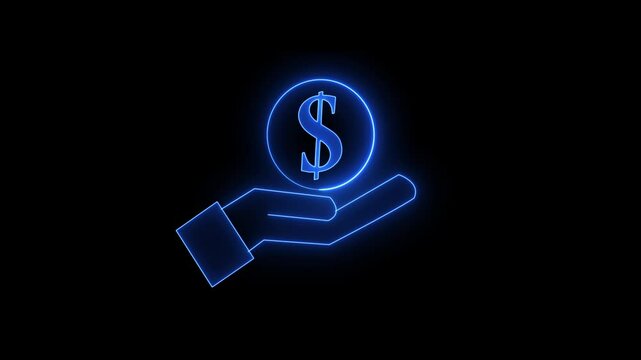 Glowing neon line dollar and hand icon isolated dollar and left hand come position . salary money, invest finance, black background.