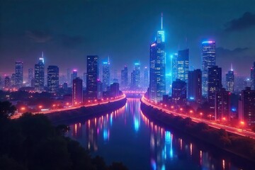 Obraz premium Futuristic cityscape at night, illuminated by vibrant, dynamic holographic projections creating an ethereal, otherworldly glow Perfect for sci-fi, technology, and futuristic concepts , sci-fi, energy