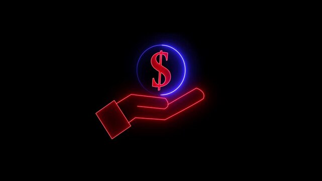 Glowing neon line dollar and hand icon isolated dollar and left hand come position . salary money, invest finance, black background.