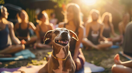 A smiling dog joins a group of women practicing yoga outdoors in warm sunlight. The playful scene captures harmony, inclusiveness, and the joy of pet-friendly fitness.