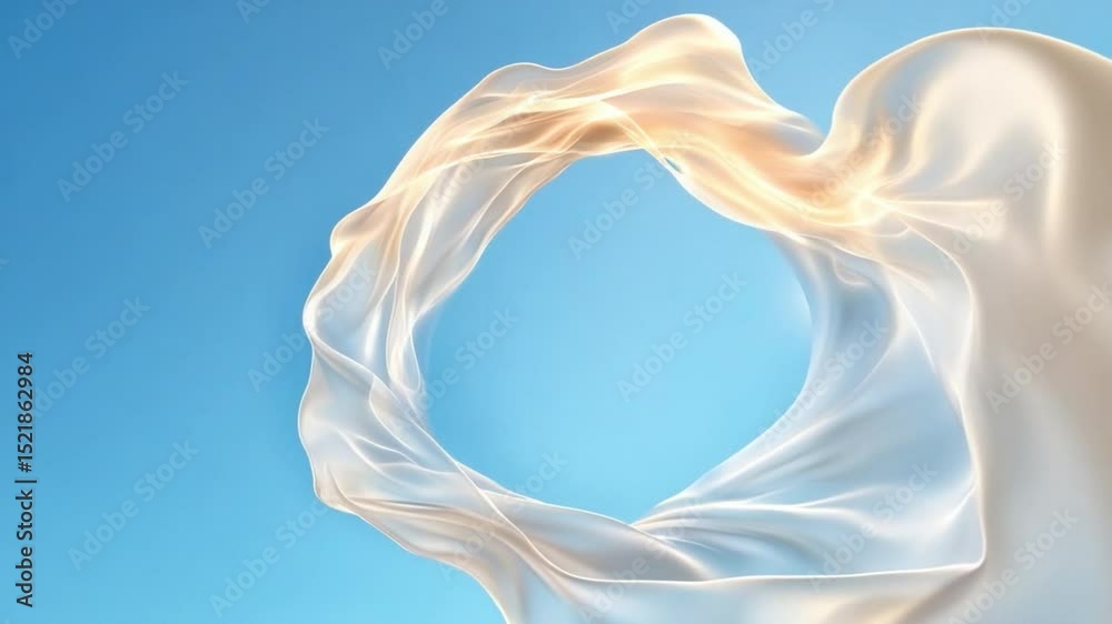 Poster Ethereal Fabric in the Sky: A translucent fabric floats gracefully against a bright blue sky, creating an image of elegant simplicity, fluidity, and light. 