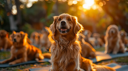 A cheerful golden retriever sits among a group of dogs on yoga mats in an outdoor setting during golden hour. The image expresses calmness, pet wellness, and community in nature.