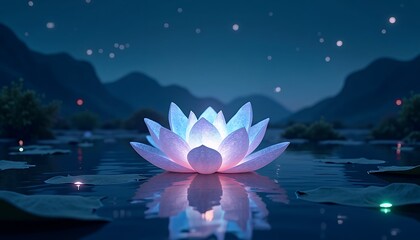 Lotus Flower Floating at Night on Water with Starry Sky