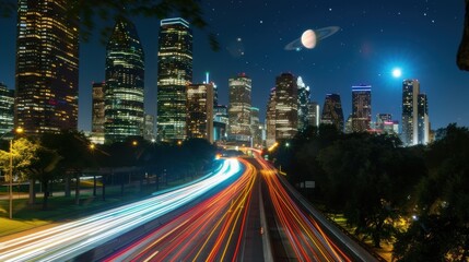 Obraz premium Night city ablaze with light trails, rare planetary alignment above. Long exposure captures the noise of a modern skyline.