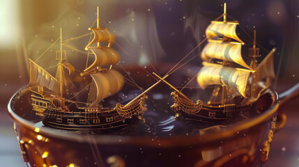 Miniature fantasy sailing ships battle inside a teacup with glowing light and magical atmosphere. A whimsical and surreal concept that blends fantasy, adventure, and creative imagination.