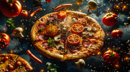 Delicious pizza flying mid-air with toppings floating around in a dynamic explosion. A vibrant food concept showcasing flavor, freshness, and culinary creativity.