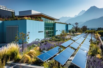 Powder blue research facility with climate-responsive facade, kinetic blue solar panels, biodiverse rooftop garden and mountain backdrop.