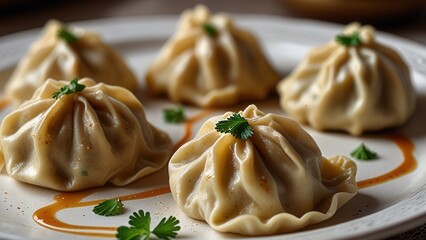 Juicy Central Asian Uzbekistan Dumpling Close-Up, Traditional Uzbek Manti Style