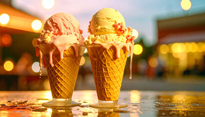 waffle cones, and the spilled ice cream, creating a atmosphere of playful, summer like.  Generated Image