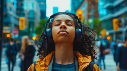 Young woman enjoying music with headphones in a busy city. A peaceful moment of mindfulness amid urban hustle, symbolizing calm and focus.