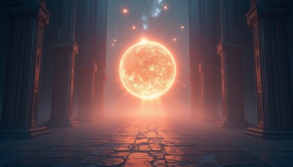 Orange Orb Between Columns with Stars