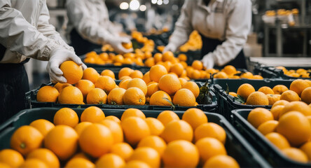 Workers sorting oranges in factory warehouse for quality control and distribution process