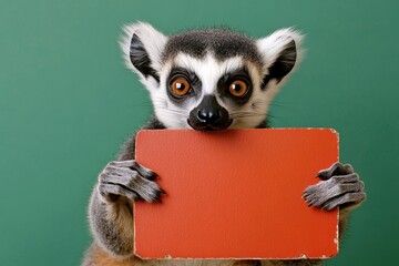 Obraz premium Fluffy pet in studio. Isolated baby animal on a solid uniform green background. Animal ready for brand. Cute baby animal lemur hold in front paws a template - large red zoo sign.