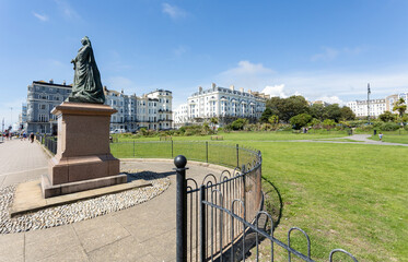 St Leonards, East Sussex, England 16, August 2023 Statue of Queen Victoria from 1902 in bronze on a granite pedestal on the seafront at Warrior Square Gardens.