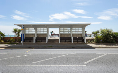 St Leonards, East Sussex, England 16, August 2023 Art deco seaside beach shelter. A beautiful and stylish shelter on an English seafront.
