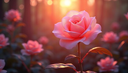 Obraz premium Pink Rose Flower in Garden at Sunset