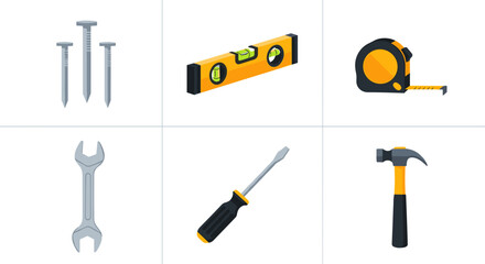 Illustration of nails, level, tape measure, wrench, screwdriver, and hammer on white background