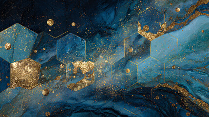 abstract cosmic background with gold metallic foil and marbled textures inlay. Sacred geometry with celestial motif, stars and planets. Galaxy wallpaper