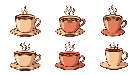 Obraz premium Collection of six steaming coffee cups in various shades of brown and orange on matching saucers