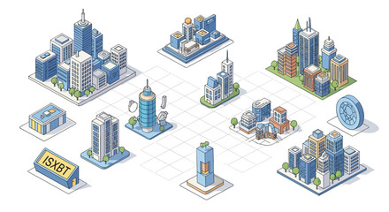 Isometric city skyline with various building designs and architectural styles in a modern urban landscape