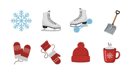 Illustration of winter themed items including skates snowflake mittens and hot cocoa mug design element