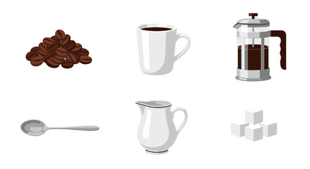 Still life of coffee beans mug french press spoon creamer and sugar cubes on a white background