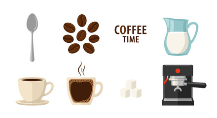 Illustration showing coffee beans, coffee cups, coffee machine, milk jug, sugar cubes and spoon on white