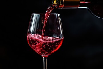 Wine pouring into a glass, black background, close-up of a wine bottle and glass, red liquid Generative AI